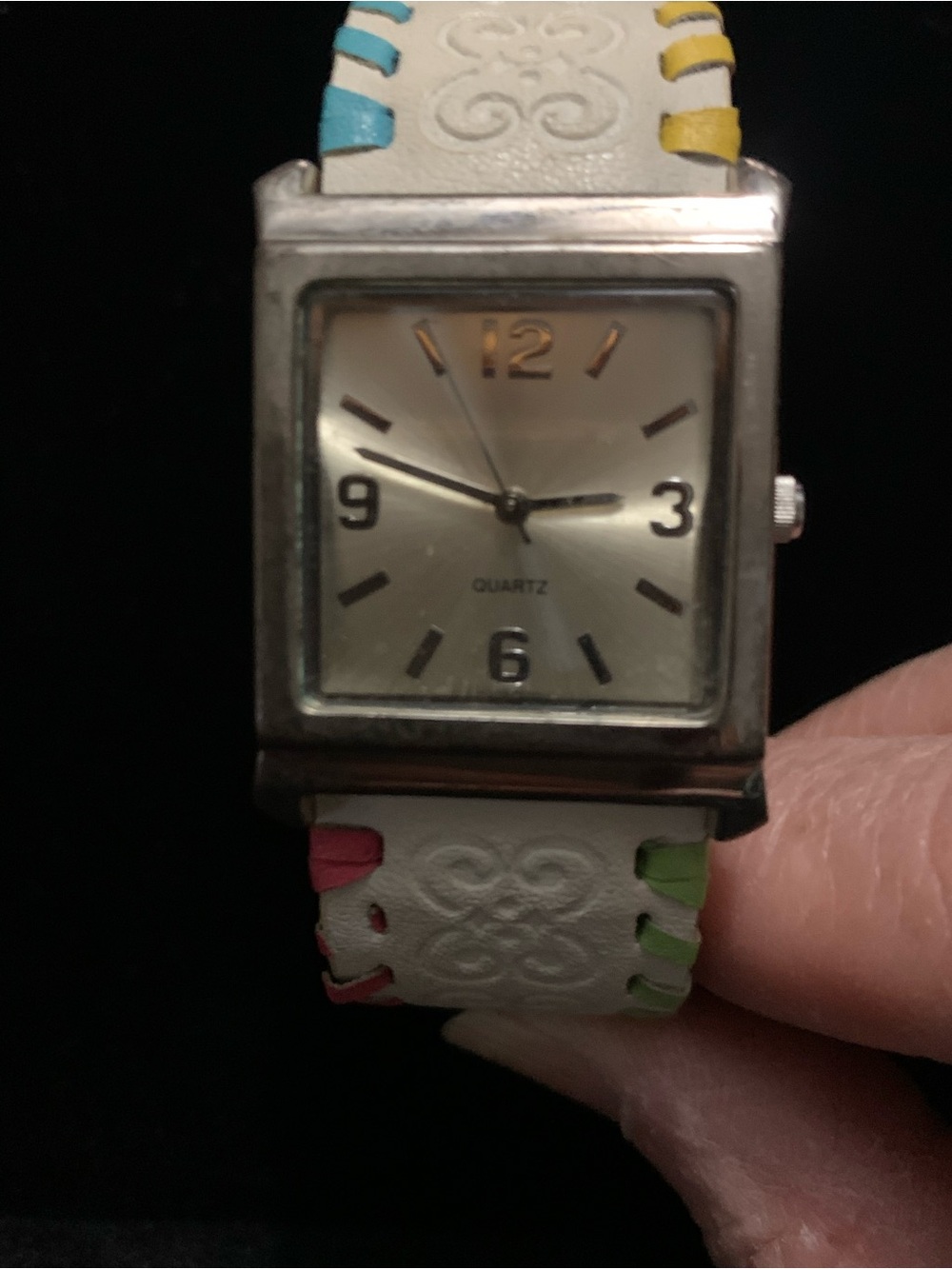 Vintage Avon White Leather Strap Quartz Watch with Multicolor Stitching